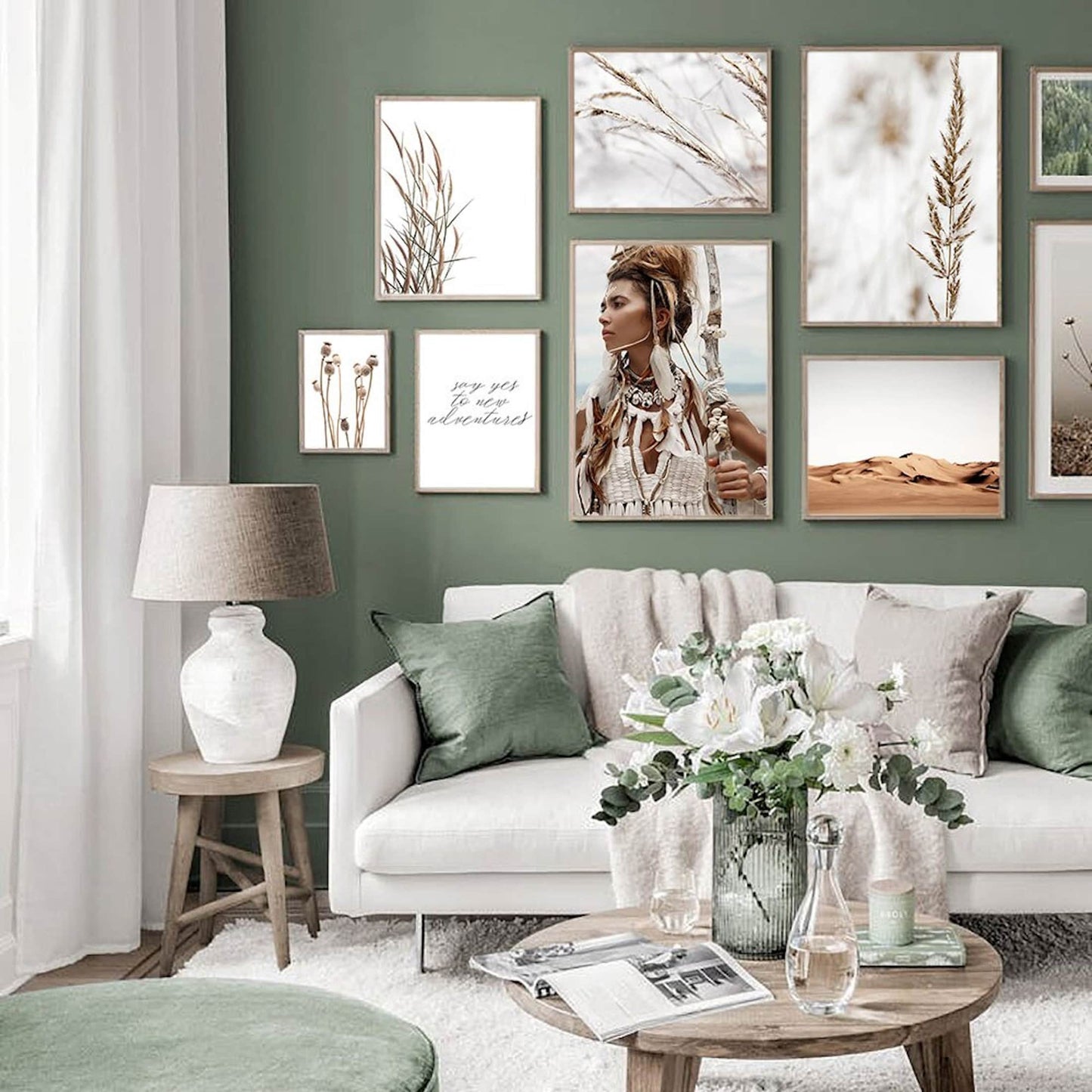 Poster Indianerin Wüste Blätter Trocken Blumen | Bilder Wohnzimmer | Wandbilder Schlafzimmer | Deko Print ohne Rahmen | Bilder Set-1