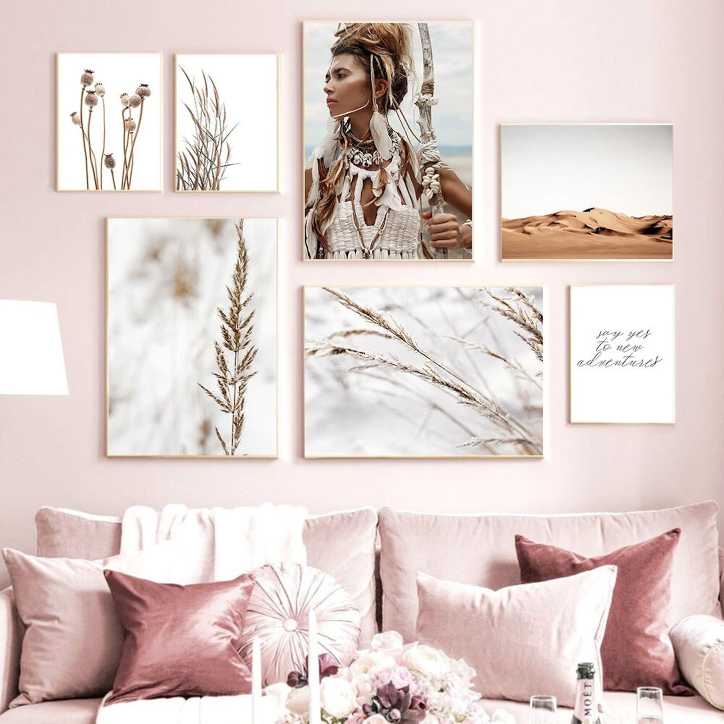 Poster Indianerin Wüste Blätter Trocken Blumen | Bilder Wohnzimmer | Wandbilder Schlafzimmer | Deko Print ohne Rahmen | Bilder Set-2